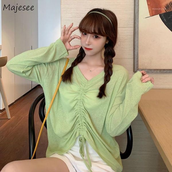 

women's t-shirt t-shirts women drawstring bottom sun protection loose casual solid color v-neck summer slim pleated womens 2021 femme1, White