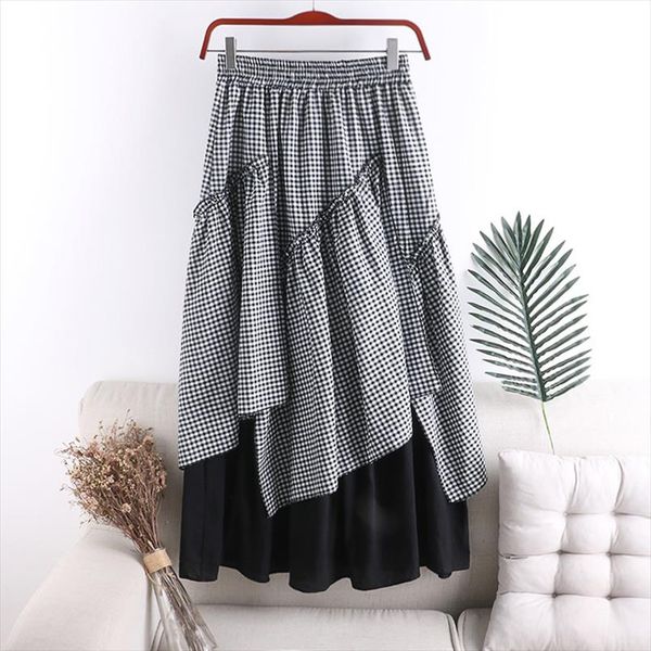 

grid irregular patchwork skirt cotton linen show thin summer skirt women 2020 fashion female plaid vintage a line gray, Black