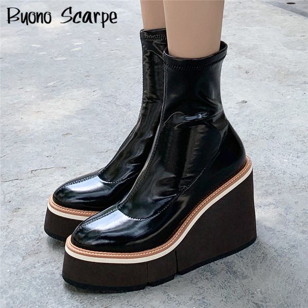 

повседневная женщины платформа boots клин пятки толстым дном ботильоны женские носки сапоги ботинки платформы elastic женский краткое пинетк, Black