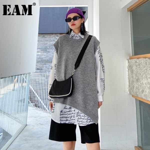 

[eam] gray irregular knitting sweater loose fit round neck sleeveless women pullovers new fashion tide autumn winter 2020 1db509, White;black