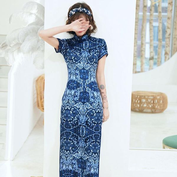 

white and blue lady cheongsam short sleeve long satin qipao vintage button chinese dress elegant novelty vestidos1, Red