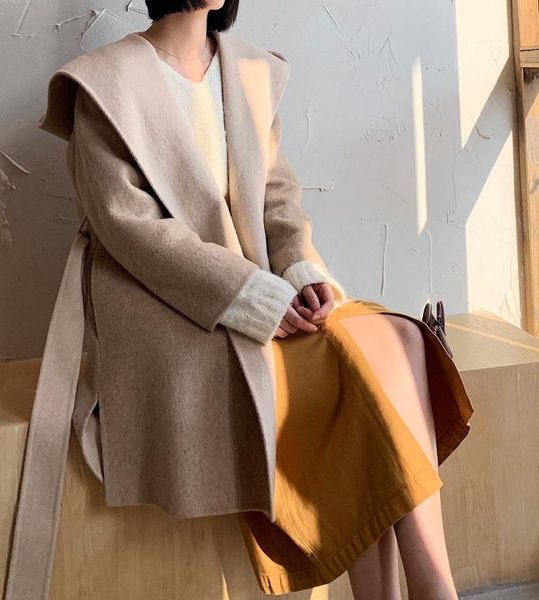 

women's wool & blends coat women autumn winter jackets solid color lapel double-breasted woolen midi trench loose long sleeve jacket wa, Black