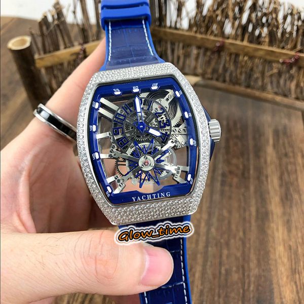

version new saratoge v45 t gr yacht sqt skeleton dial japan miyota automatic mens watch silver diamond case leather strap luxry watches, Slivery;brown
