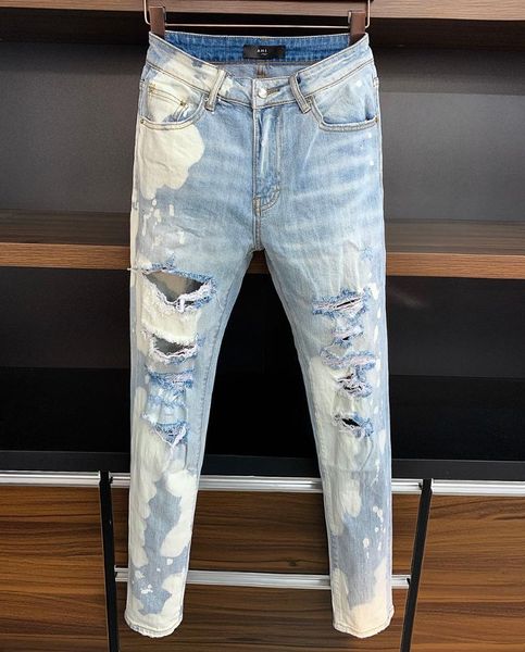 

men's jeans 2021 italy brand grey mens pants men slim stretch denim trousers zipper blue hole pencil for