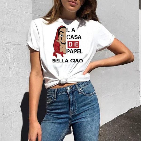 

women figure printed short sleeve t-shirts women house of paper cool funny design la casa de papel t shirt money heist tee shirt, White