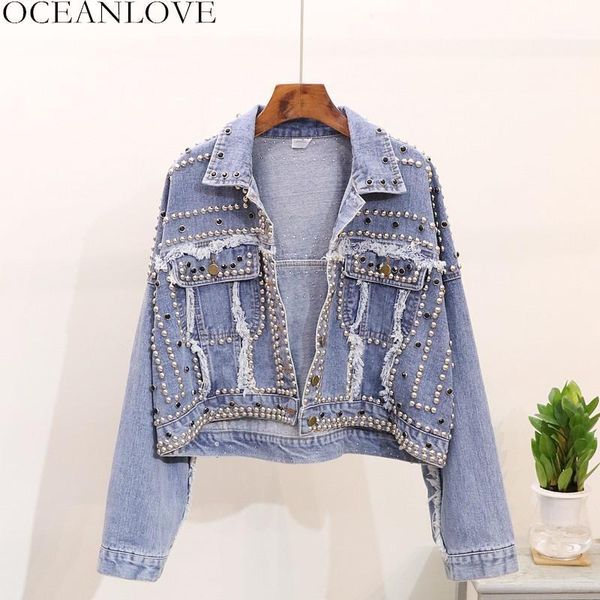 

oceanlove rivets beading denim jacket women 2019 autumn streetwear solid short chaqueta mujer single breasted jackets 124791, Black;brown
