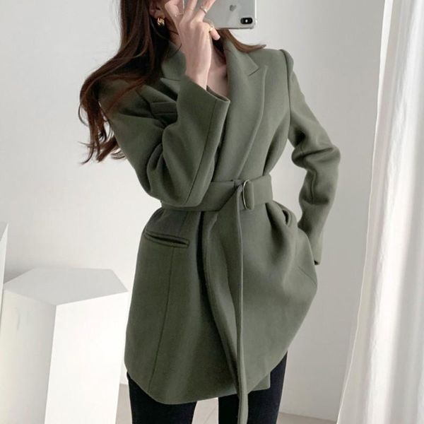 

women's wool & blends elegant female jacket korean autumn winter sashed slim woolen coat lapel collar solid color camel warm black