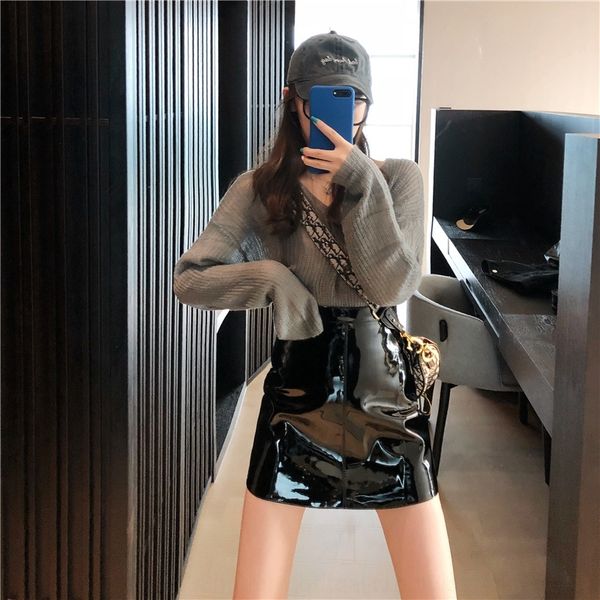 

r1hha v-neck loose waist lazy handsome high bf a-line leather bright skirt v-neck loose sweater sweaterbf lazy sweater handsome high waist a, Gray