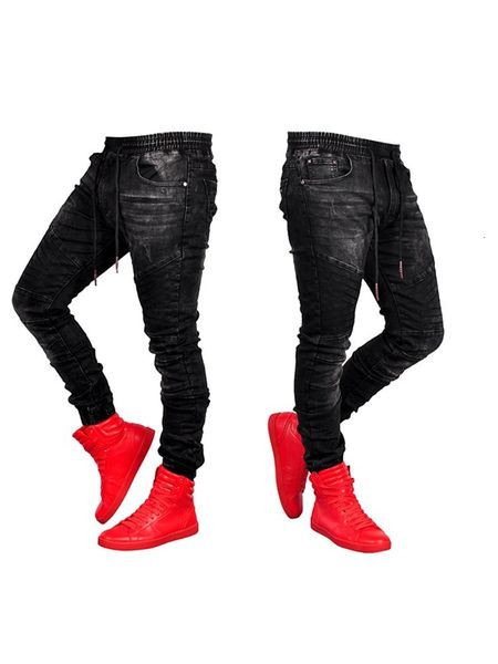

men's elastic pure color coarse drill casual lace-up jeans training jogger athletic 2020 pencil s-3xl, Blue