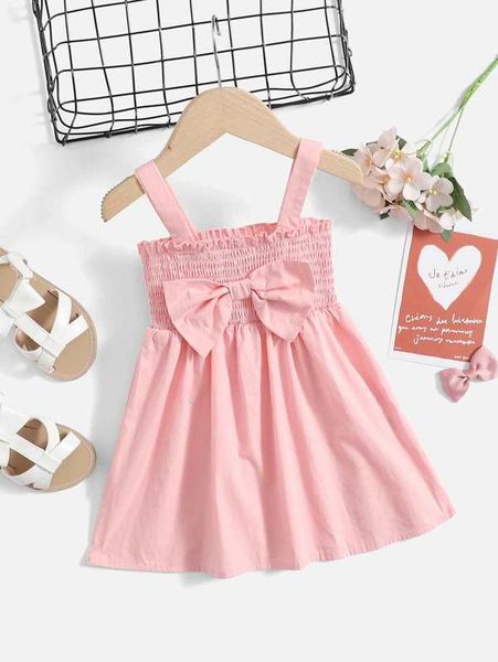 

baby girl frill trim shirred big bow front cami dress she, Red;yellow