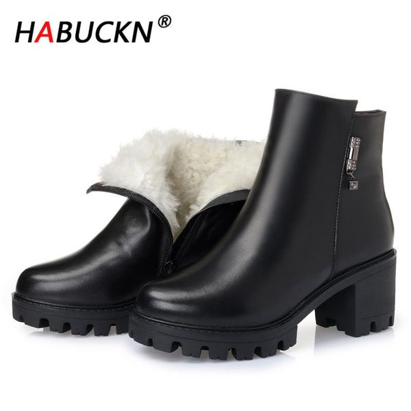 

habuckn 2020 ladies boots winter middle aged women snow boots non slip genuine leather mother wool large size ankle women, Black
