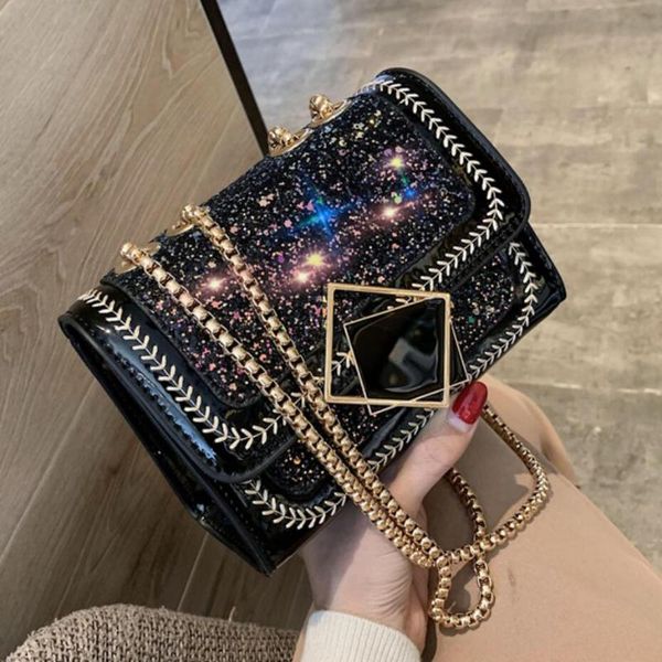 

sequins square crossbody bag 2020 winter new quality patent leather women's designer handbag lock chain shoulder messenger bag