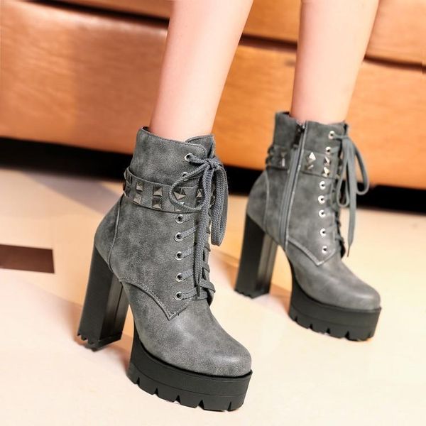 

2021 autumn winter new super high heels thick heel short large size 40 women boots, Black