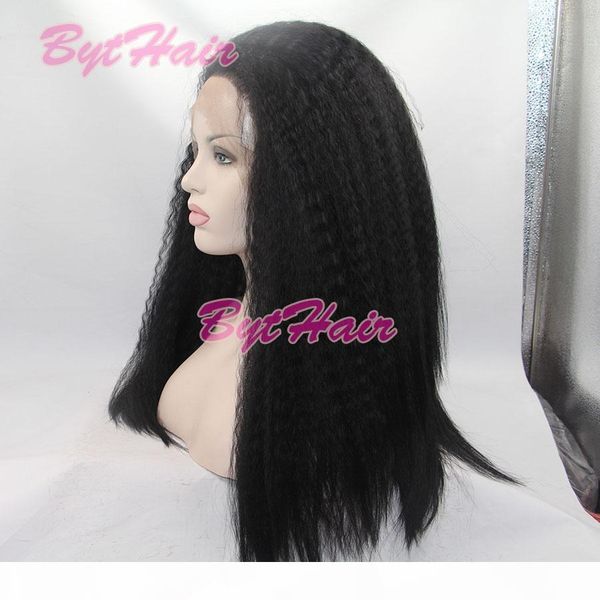

bythair #1b natural black kinky straight medium hair wig synthetic lace front heat resistant wigs for african american black women