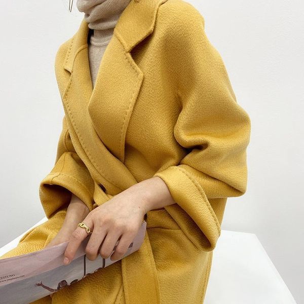 

women's wool & blends 100% coat 2021 spring women's solid color double sided cashmere woolen winter thick long outwear w22, Black