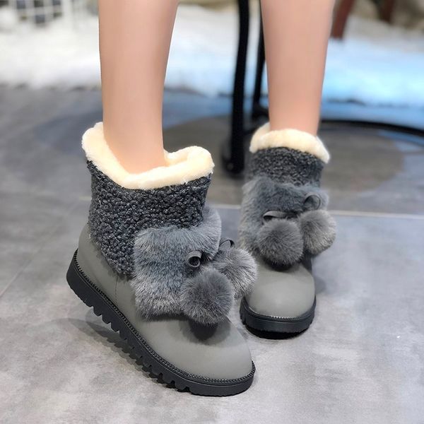

ankle boots women black yellow round toe winter comfortable warm lining cute big fur ball furry all-match plush boots