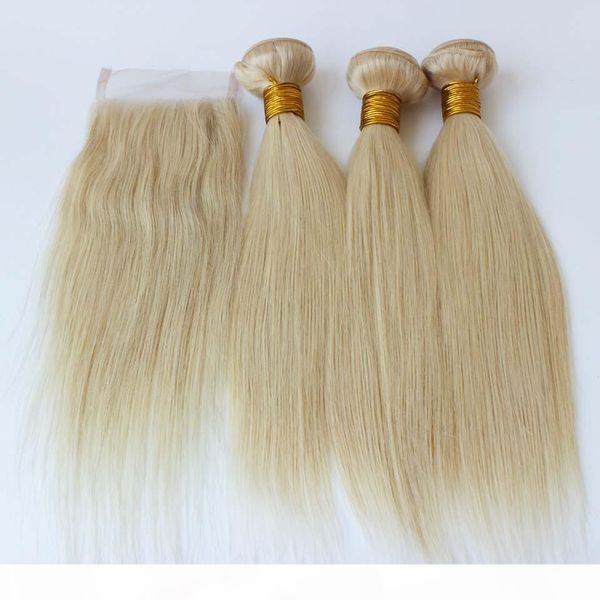 

brazilian hair with closure 613# blonde brazilian hair weave bundle 1pc lace closure with 3pcs bundles platinum blonde weave, Black