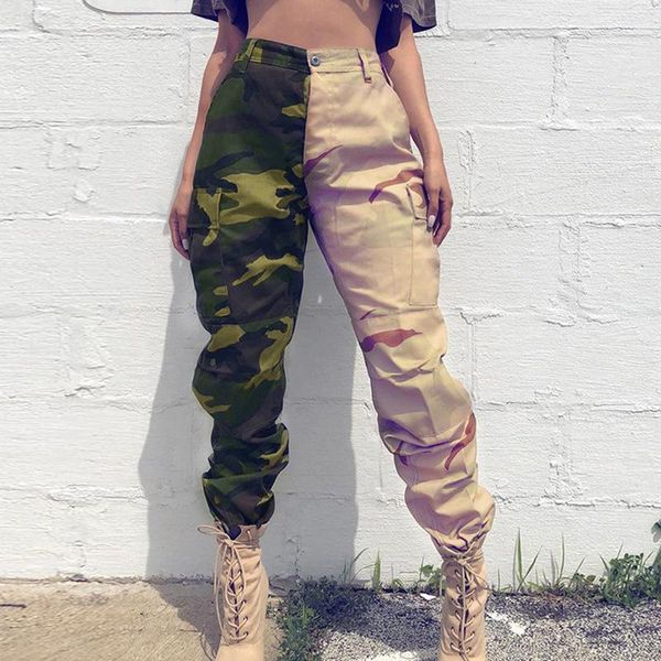 

spring summer street women pants high waist patchwork pencil pants printed pocket joggers loose casual camouflage female trouser, Black;white
