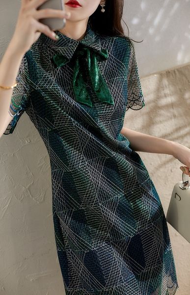 

79ozj heavy industry embroidered women's dressaline dress dressmid-length summer 2020 new noble elegant heavy industry geometric contra, Black;gray