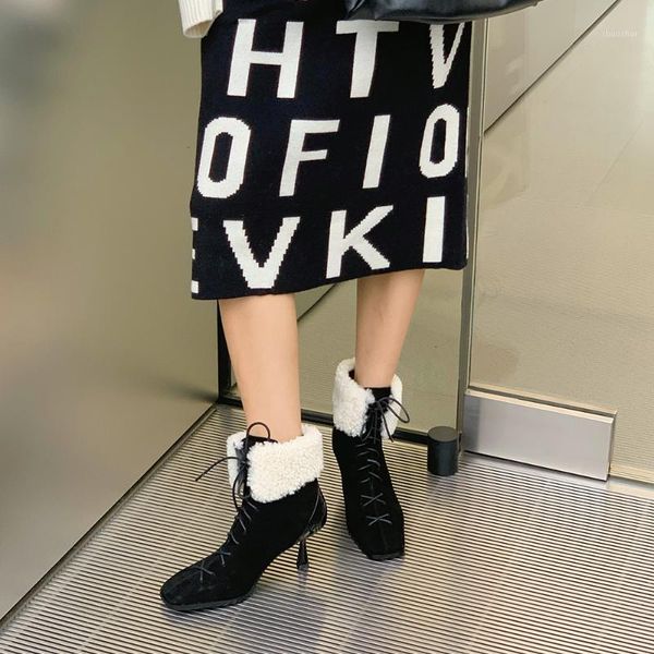 

boots haraval women elegant high heel ankle wool thin lady shoes squared toe cross lace-up winter footwear e69l1, Black