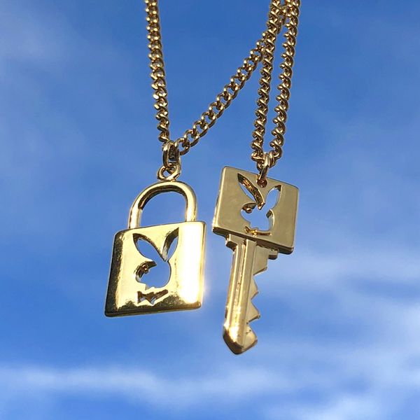 

ins playboy bunny lock necklace key stainless gold for women couple necklaces harajuku gothic lovers couple rabbit collares mujer, Silver