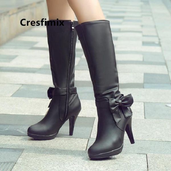 

cresfimix bottes femmes женщины мода черный галстук высокого качества высокий каблук над коленом boots botas femininas winter boots c6062, Black