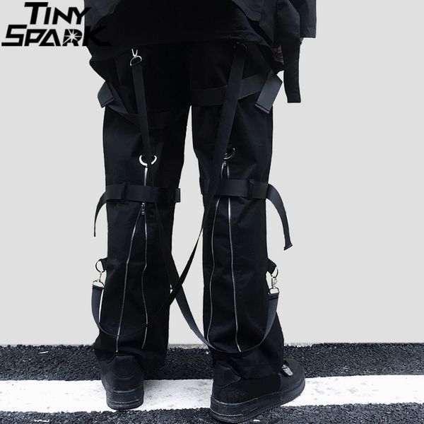 

hip hop cargo pants streetwear men harajuku rear zipper pants buckle ribbon hiphop joggers harem pants pockets autumn black lj201007