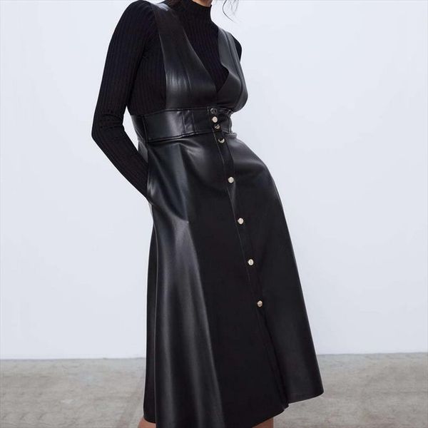 

2020 мода осень зима женщин midi середина теленка из искусственных кожаных танковых платьев офис дамы линия v шеи кнопки карманы pu платье, Black;gray