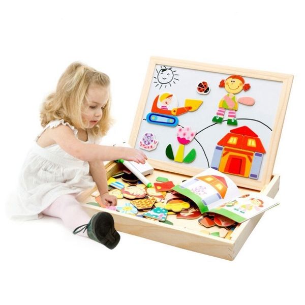 

wooden toys magnetic drawing board puzzle toys children 3d puzzle drawing board children learning educational wooden toy100+pcs y200413
