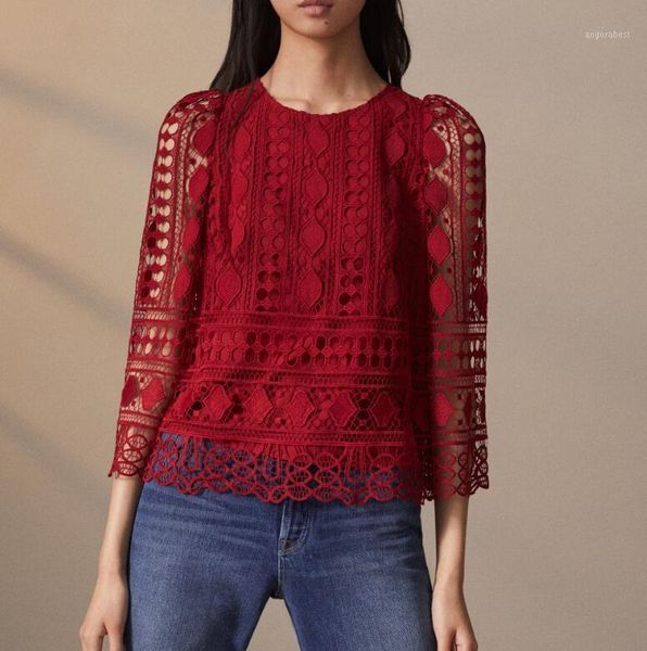 

women shirt spring/summer 2020 new red shirt fashion casual convex lace red, White