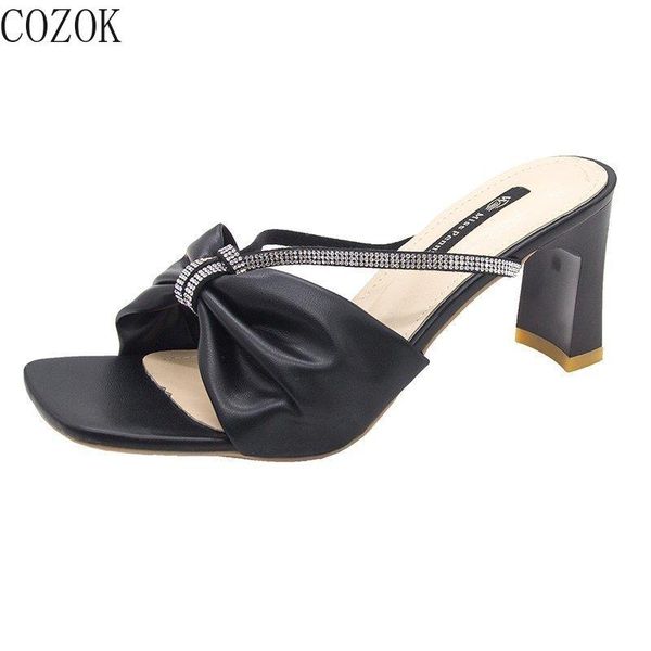 

slippers women's high-heeled outdoor fashion all-match shoes bowknot rhinestone decoration elegant, Black