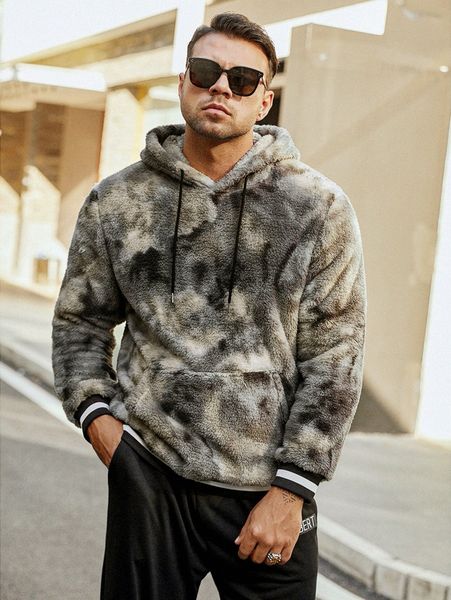 

extended sizes men tie dye kangaroo pocket drawstring teddy hoodie l1oa#, Black