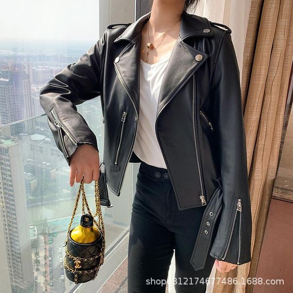 

leather coat of new fund of 2021 autumn winters is a female sheep leather jacket brief paragraph han edition show thin, Black