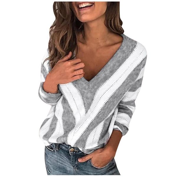 

jaycosia striped print v neck knitted sweater women plus size pullover warm autumn winter loose sweaters jumper 1016, White;black