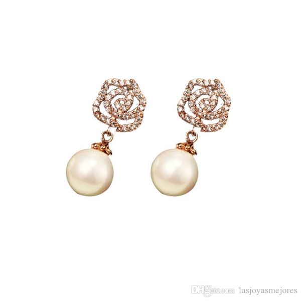 

classic fashion designer diamond super glittering camellia elegent pearl pendant stud drop dangle earring for woman girls, Golden;silver