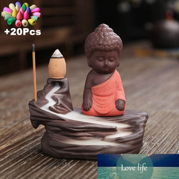 Ручной пурпурный глина монахов чай ​​питомец дзен статуя Будды благословит вас мир и здоровье украшения домашнего дома Backflow ладан горелка + подарок