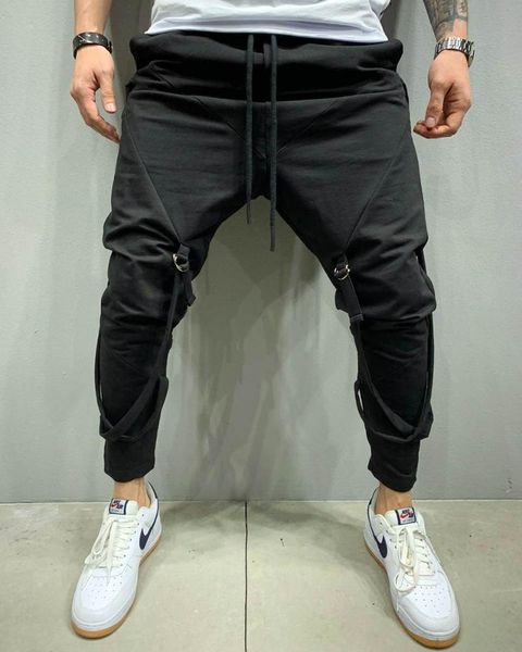 

men's pants brand men casual trousers solid color fashion strap decoration drawstring athletic sports jogger sweatpants, Black
