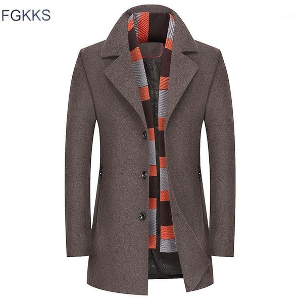 

fgkks men winter wool coat men's new fashion multi-pocket warm thick wool blends woolen pea coat male trench overcoat1, Black