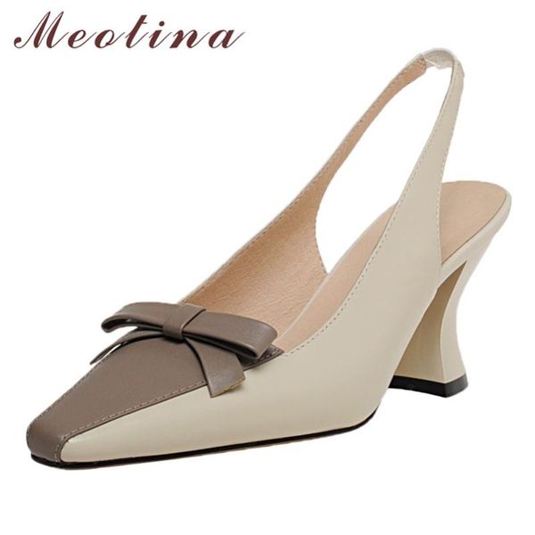 

meotina women shoes bow real leather high heel slingbacks pumps square toe strange style footwear female summer beige size 40, Black