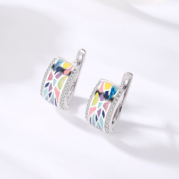

925 silver colorful art painting handmade enamel sparkling cz clip earring for women wedding gift fine europe jewelry q1219, Golden;silver