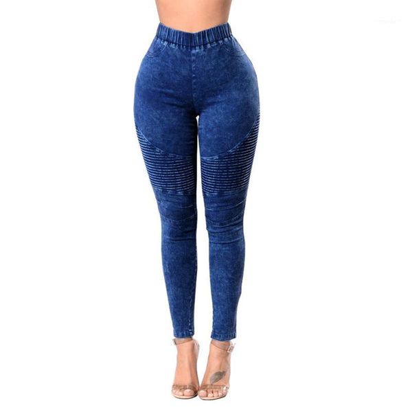 

fashion women fall skinny jeans high waist denim pencil pants push up trousers, Blue