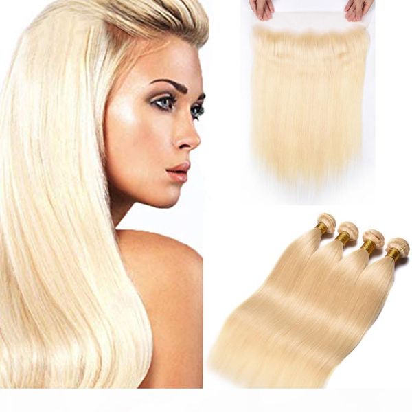 

remy hair blonde color straight 3 bundle with 13*4 ear to ear lace frontal closure blonde 613# brazilian virgin human hair with closure, Black;brown