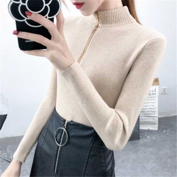 

women's blouses & shirts autumn winter half high neck women solid color kinitted blouse slim long-sleeve warm, White