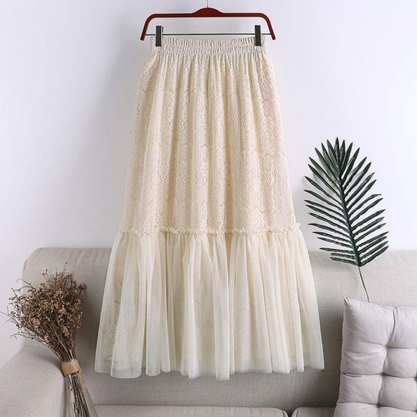 

2020 summer new korean women lace hollow mesh high waist a-line pleated skirt casual western women long skirt tide, Black