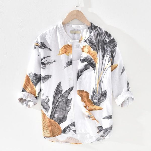 

quality floral printed 100% linen shirt men summer thin breathable three-quarter sleeve hawaiian shirt camisa masculina ts-6211, White;black