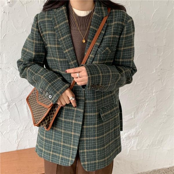 

new 2021 fashion spring autumn plaid woolen women jacket coat casual loose retro coats female cardigan jackets vintage outerwear, Black