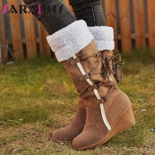 

sarairis new chic large size 43 wedges heels slip on winter shoes boots women vintage keep warm plush snow boot footwear, Black