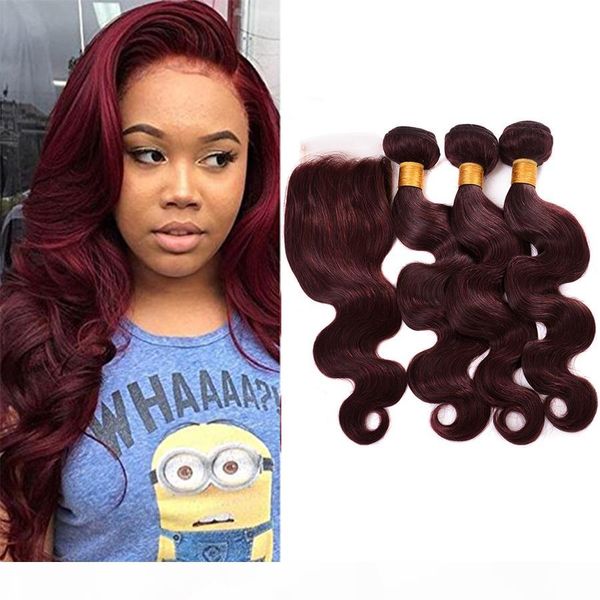 

9a malaysian burgundy virgin hair with closure 4pcs lot 99j wine red body wave human hair weaves with part 4x4'' lace closure, Black;brown