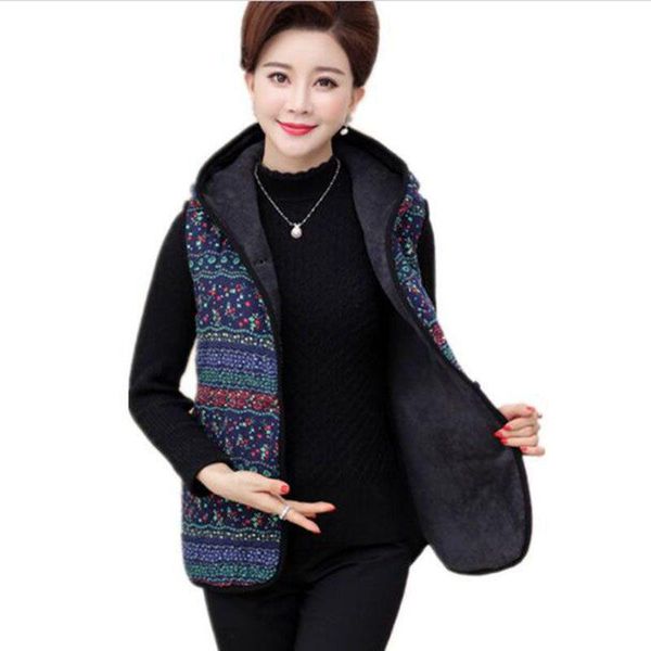 

women's vests middle-aged women warm vest hooded jacket coat loose print plus velvet sleeveless waistcoat large size casual female jack, Black;white