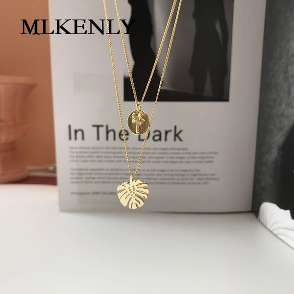 

mlkenly 925 sterling silver fashion temperament trend golden monstera double layer personality necklace for women jewelry q0531